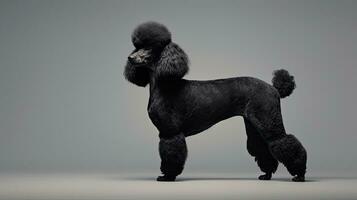 Black poodle standing in studio on gray background photo