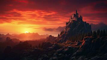 Sunset sky background with castle on cliff in a fantasy landscape photo