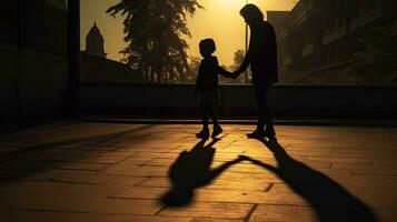 Silhouette of mother and child holding hands on the sidewalk photo