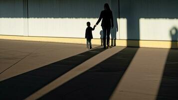 Silhouette of mother and child holding hands on the sidewalk photo