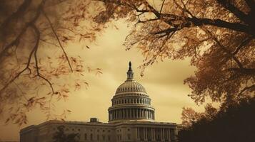 Sepia toned United States Capitol dome detail with dramatic sky tree branches silhouette photo