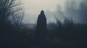 A figure with a hood facing away from the camera peering through mist on a cold countryside winter day photo