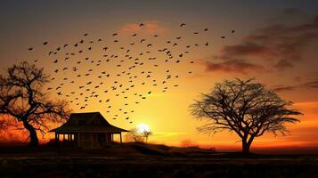 arboles y hogar contorno con aves en puesta de sol cielo creando un pacífico naturaleza atmósfera foto