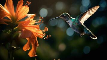 Flower backlit as hummingbird hovers photo