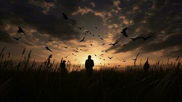 Black silhouette ascends over meadows photo