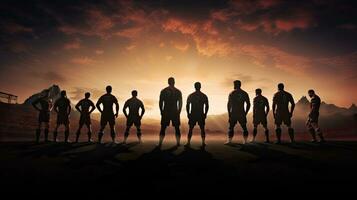 Football fans silhouettes on a rugby field photo