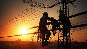 High voltage tower work for installing wires and equipment photo