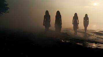 Silhouetted individuals on the beach during summer fog photo