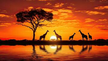 Masai Mara s typical African sunset with acacia trees and a giraffe family silhouetted against a setting sun reflected on water photo