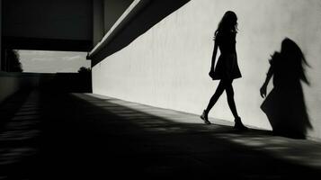 negro y blanco oscuridad en un brillante la carretera con un niña caminando foto