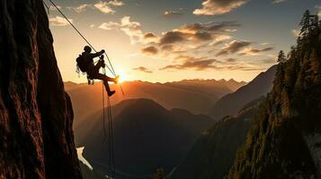 Adventure concept captured in a composite image of silhouette rappelling from a cliff at colorful sunrise or sunset showcasing stunning mountains in British Columbia Canada photo