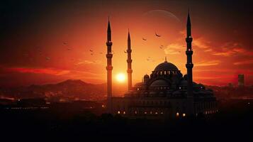 Mosque outline with minarets at sunset in Istanbul photo