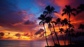 vistoso dramático puesta de sol cielo terminado waikiki con palma árbol siluetas Oceano primer plano foto