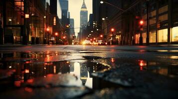 Urban backdrop with illuminated and shaded elements NYC roads gleaming from rain with images reflected on damp pavement photo