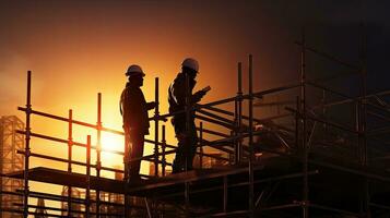 Blurred construction site with silhouette of engineer and construction worker on scaffold photo
