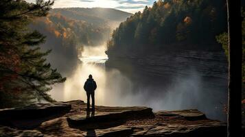 A man stands on an overlook at Blackwater Falls State Park in the Allegheny Mountains West Virginia USA observing a 62 foot cascade waterfall during late Autumn in November photo