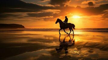 caballo y jinete galope en ballybunion playa a Kerry puesta de sol en Irlanda foto