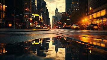 Urban backdrop with illuminated and shaded elements NYC roads gleaming from rain with images reflected on damp pavement photo