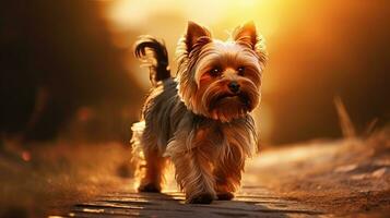 Yorkshire terrier caminando durante puesta de sol borroso y teñido imagen 2018 es el año de el perro en el chino lunar zodíaco calendario foto