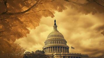 Sepia toned United States Capitol dome detail with dramatic sky tree branches silhouette photo
