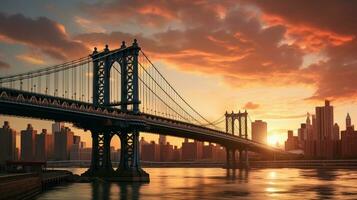 puesta de sol ver de Manhattan puente y horizonte desde brooklyn en nuevo York ciudad foto