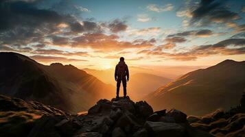 Hiker at sunset on the Langdale pikes in the Lake District photo