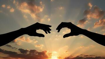 Hands holding wedding rings against the sky symbolizing marriage and love photo