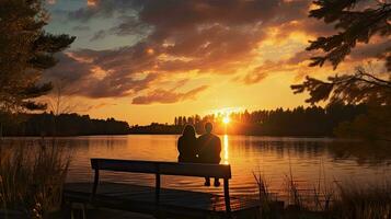 dos personas sentado en un banco en un muelle admirativo el puesta de sol terminado un encantador lago en Minnesota en un calma y pacífico noche en dorado hora foto