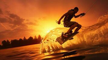 Wakeboarder performing tricks at sunset photo