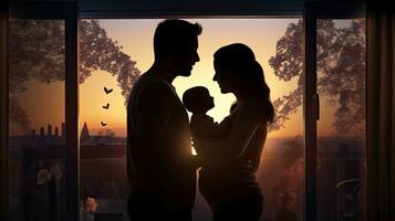 Happy parents holding newborn baby by window heart shaped silhouettes photo