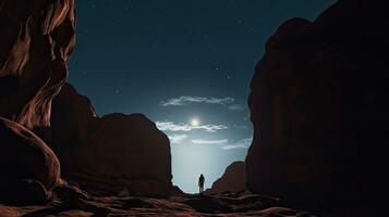 caminante s silueta en medio de rock formaciones debajo un lleno Luna foto