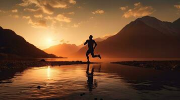 man jogging beside the lake photo