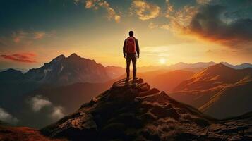 Silhouette of man on cliff enjoying sunset view in mountains during summer photo