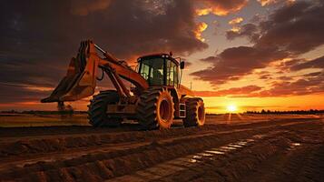 Excavator working during sunset against cloudy background in a field operated by machinery during planting or harvest season photo