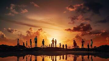 A diverse group admiring the evening sky outdoors photo