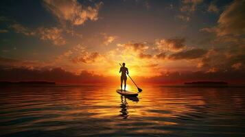 Male paddle boarder silhouette at sunset on shore photo