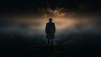 Mysterious figure standing in foggy landscape photo