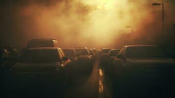 Cars in a traffic jam seen through steamy exhaust pipes photo