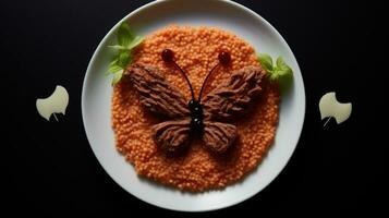 Sausage butterfly shapes served with creatively garnished millet porridge photo