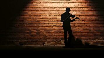 ladrillo pared fondo para violinista s silueta foto