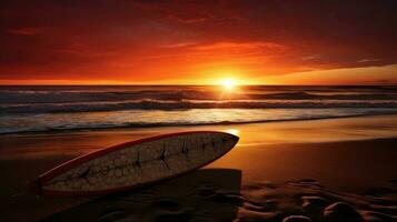 Surfboard at sunset on the shore photo