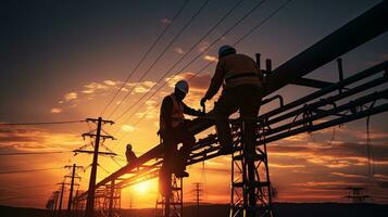 Electricians install wires and equipment on tall towers photo