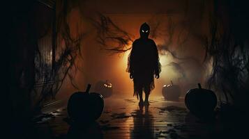 Halloween theme Eerie figure in dim hallway with jack o lantern head Softly lit foggy backdrop Blurred focus Extended exposure photo