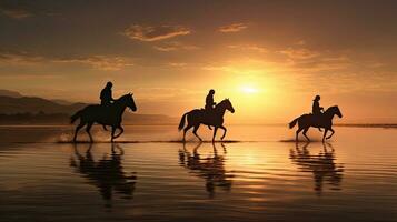 Elderly individuals riding horses by the shore photo