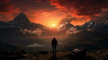 Gorgeous sunrise over mountains silhouetted photo