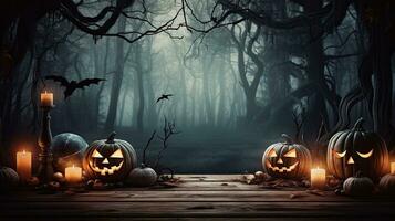 Spooky Halloween forest with dead trees and pumpkins on a wood table photo