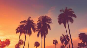 Vintage filtered palm tree silhouettes at sunset photo