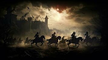 Dark medieval battle scene with silhouetted cavalry and infantry warriors fighting in front of a foggy castle photo