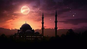 Islamic night with a mosque silhouette against a sunset sky moonlit and holy ambiance depicted in an Islamic wallpaper photo