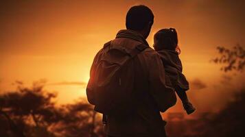 Parent holding child on shoulders at sunset with retro instagram filter photo